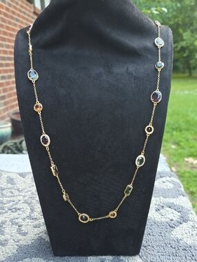 Gold Long Multi-Stone Necklace with Multicolor Gem Accents